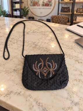Vintage La Regale Black Beaded Flap Crossbody & Shoulder Evening Bag